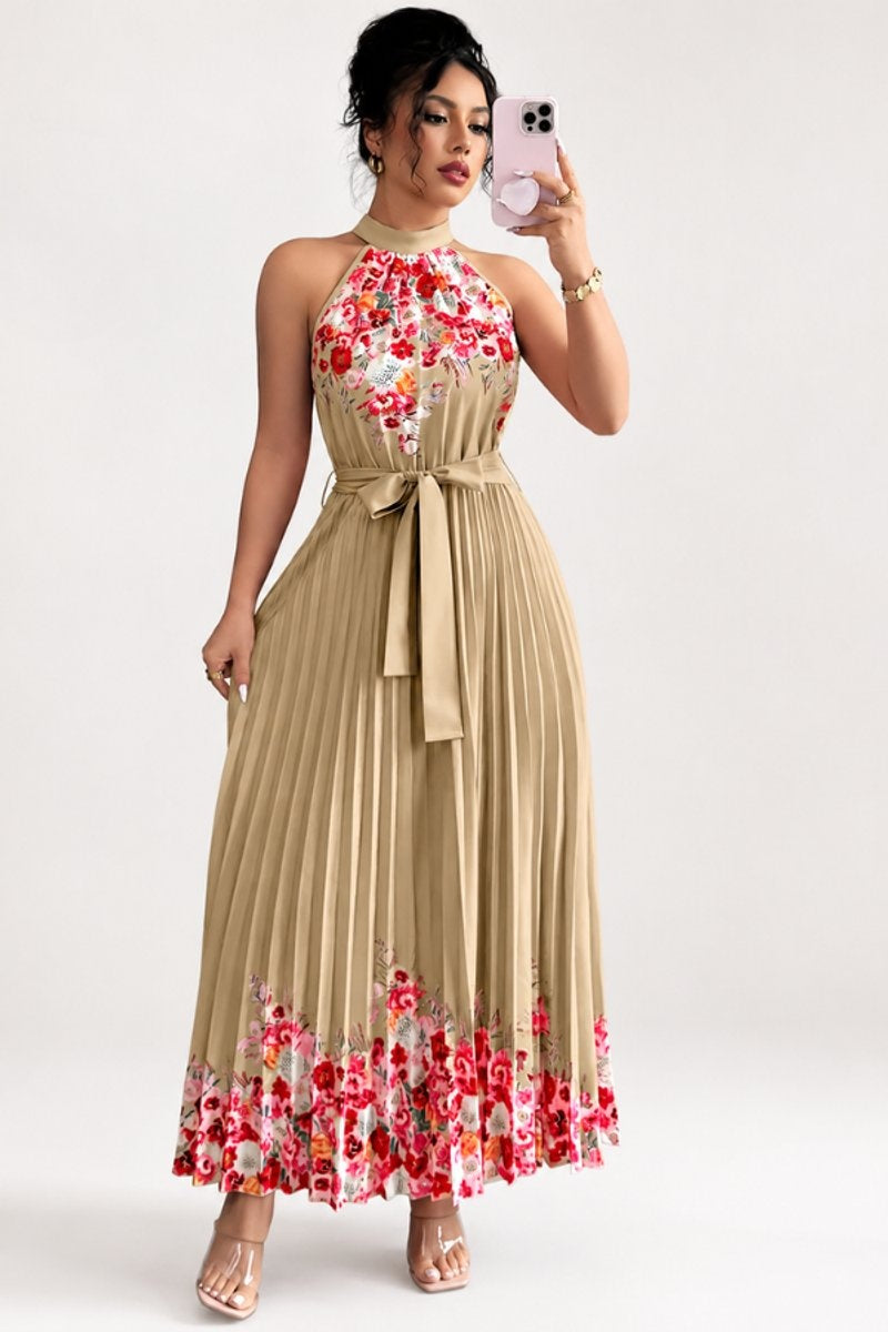 Cayetana | Vestido Largo Plisado Floral Mujer Halter Cinturón