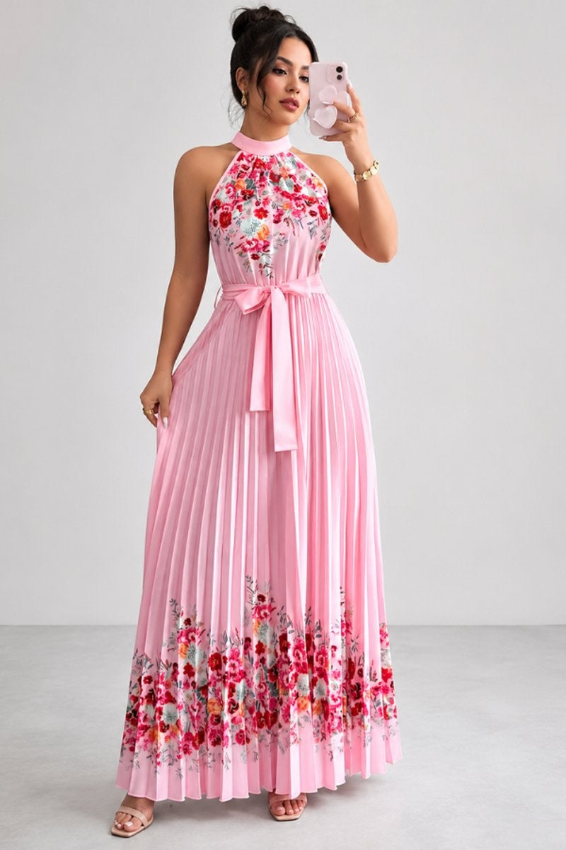 Cayetana | Vestido Largo Plisado Floral Mujer Halter Cinturón
