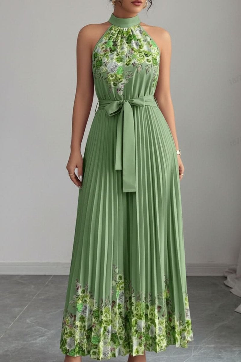 Cayetana | Vestido Largo Plisado Floral Mujer Halter Cinturón