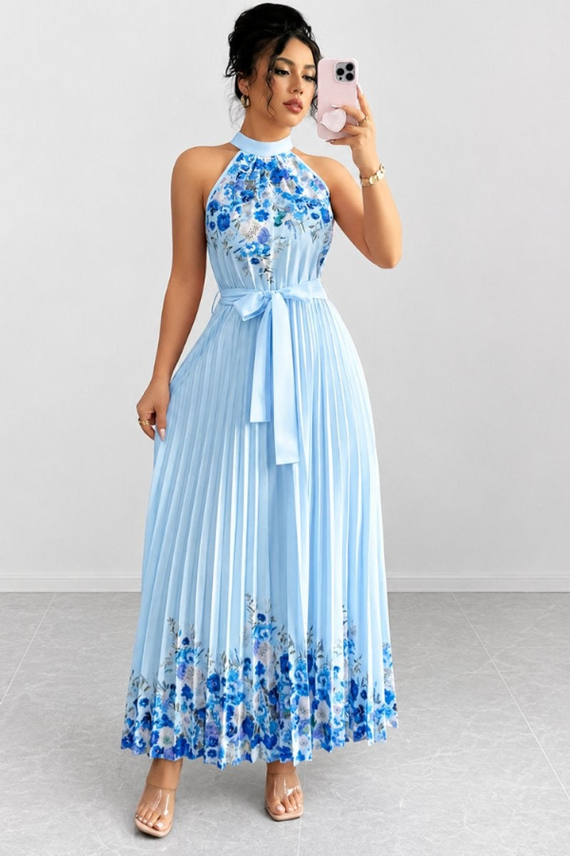 Cayetana | Vestido Largo Plisado Floral Mujer Halter Cinturón