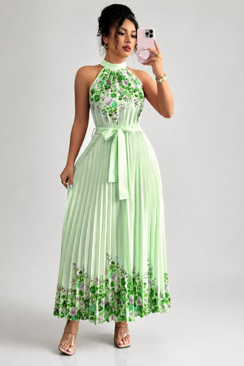 Cayetana | Vestido Largo Plisado Floral Mujer Halter Cinturón
