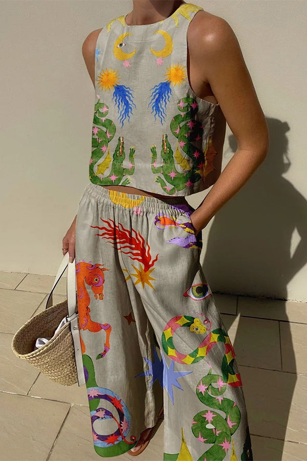 Celeste | Conjunto de Lino Top y Pantalón Palazzo Mujer Estampado
