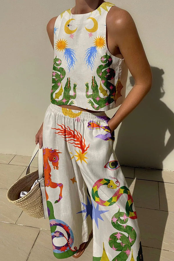 Celeste | Conjunto de Lino Top y Pantalón Palazzo Mujer Estampado