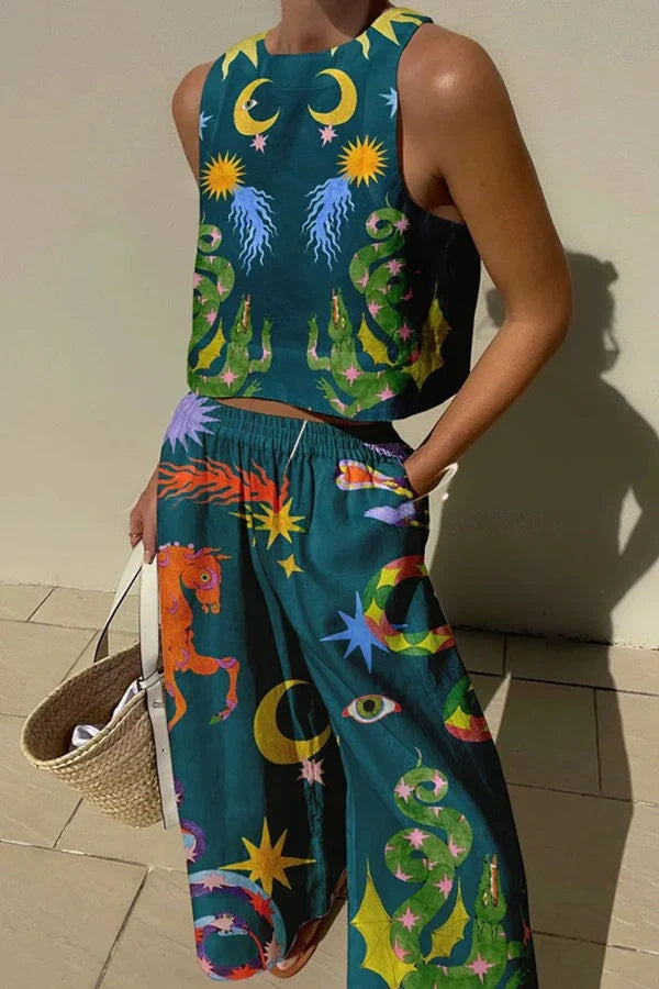 Celeste | Conjunto de Lino Top y Pantalón Palazzo Mujer Estampado