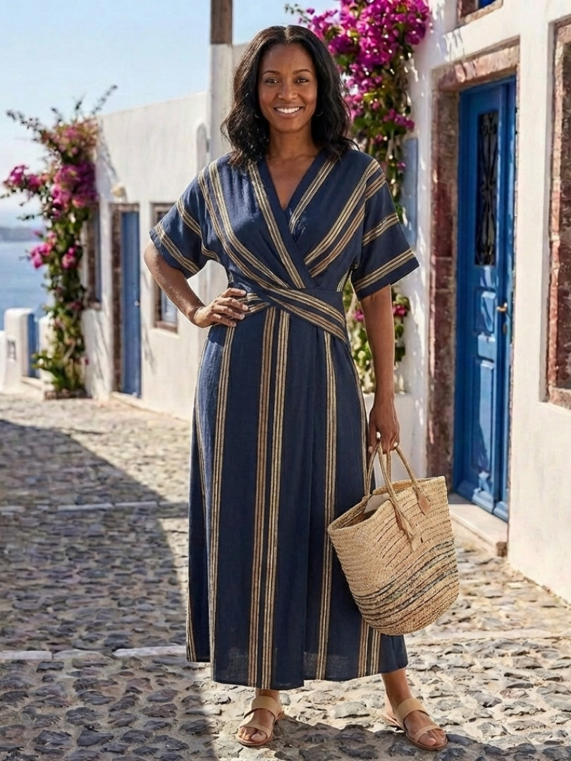 Celeste | Vestido Largo Cruzado de Rayas Mujer Manga Corta Escote V