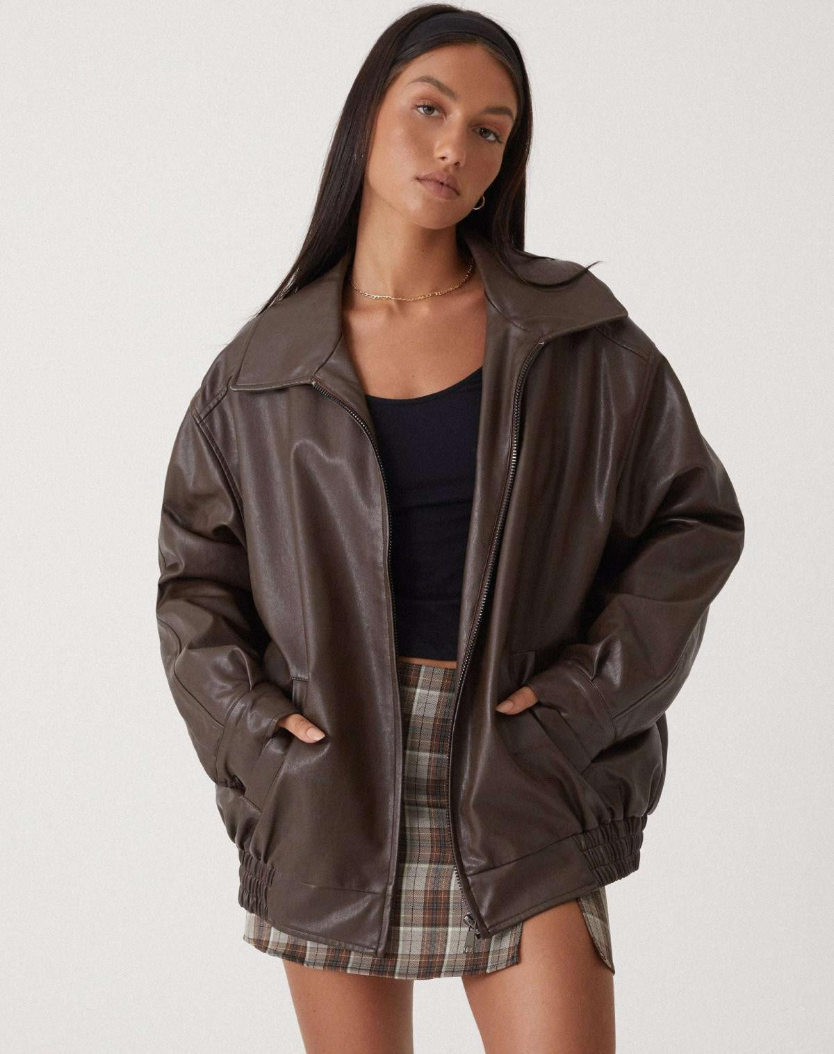 Chaqueta de Polipiel Oversize Mujer Cremallera Cuello Solapa