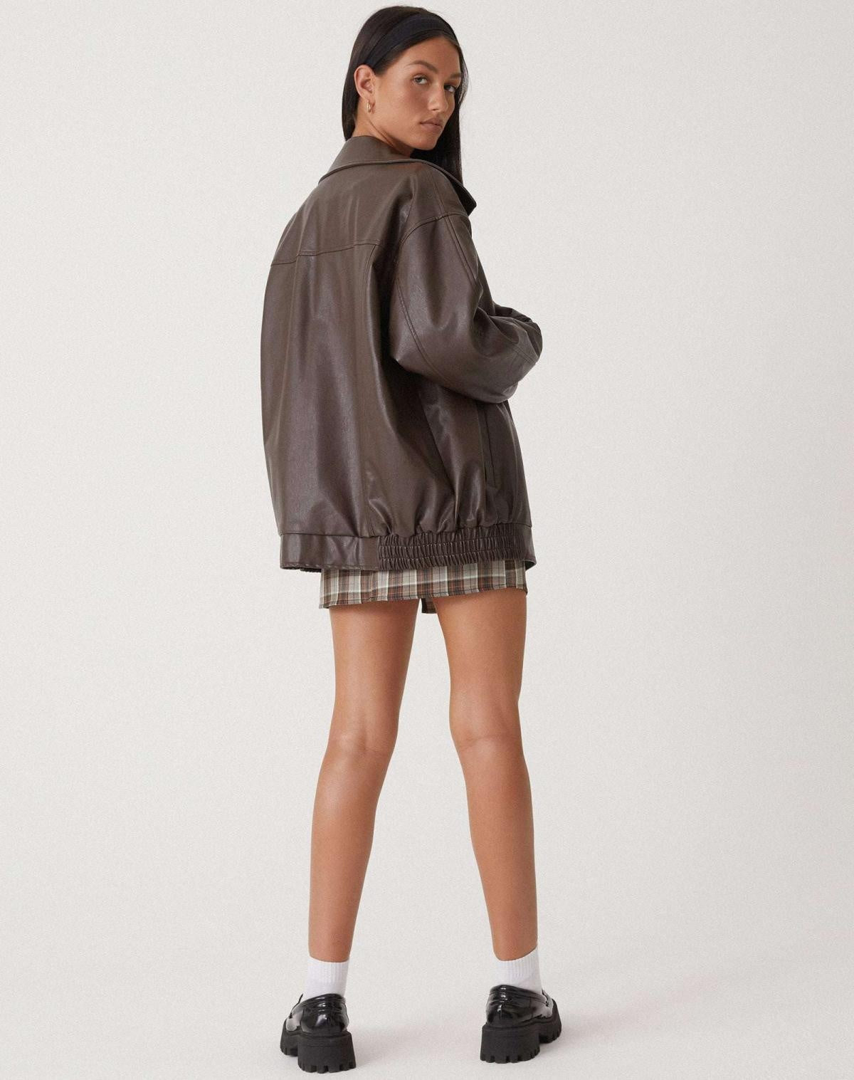 Chaqueta de Polipiel Oversize Mujer Cremallera Cuello Solapa