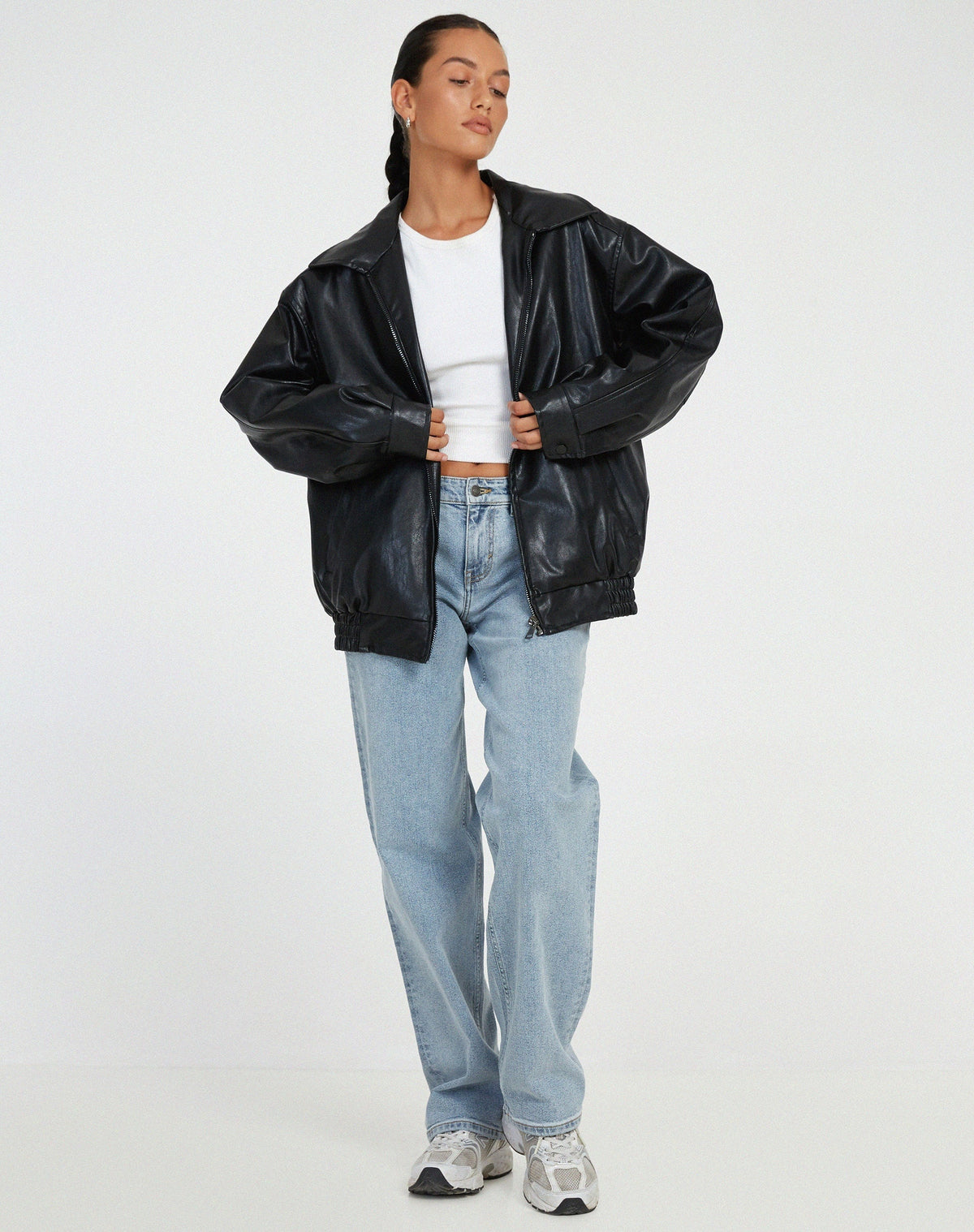Chaqueta de Polipiel Oversize Mujer Cremallera Cuello Solapa