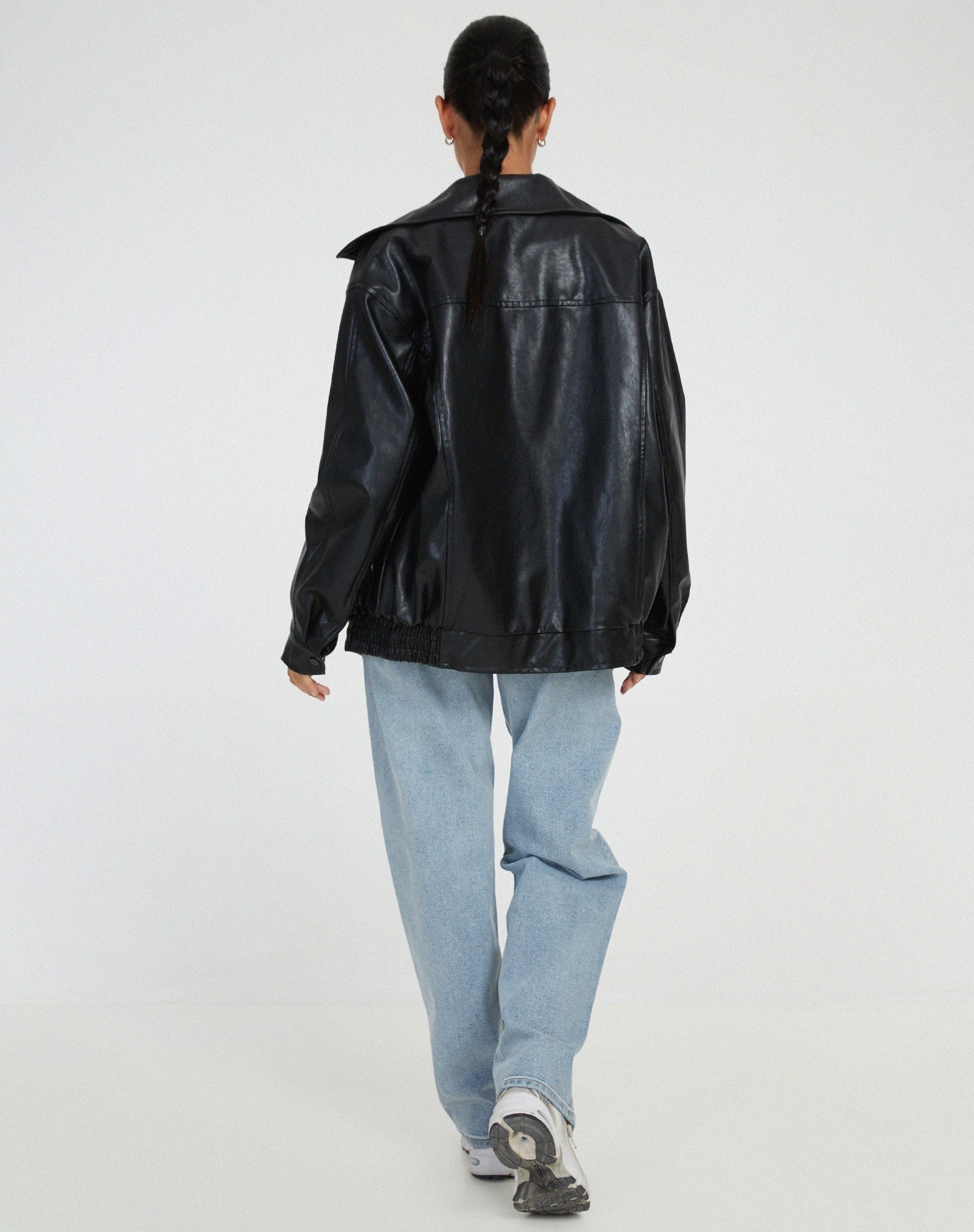 Chaqueta de Polipiel Oversize Mujer Cremallera Cuello Solapa