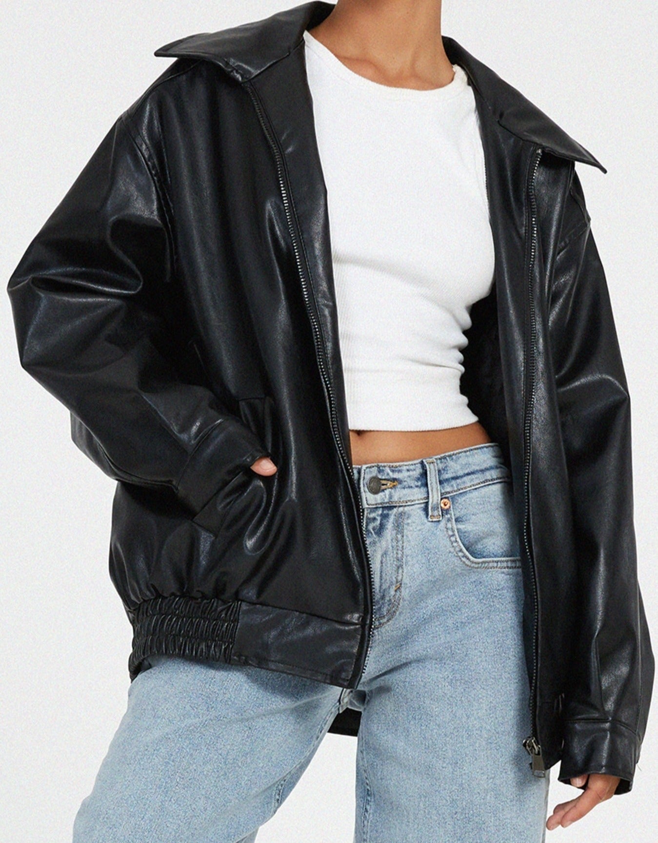 Chaqueta de Polipiel Oversize Mujer Cremallera Cuello Solapa