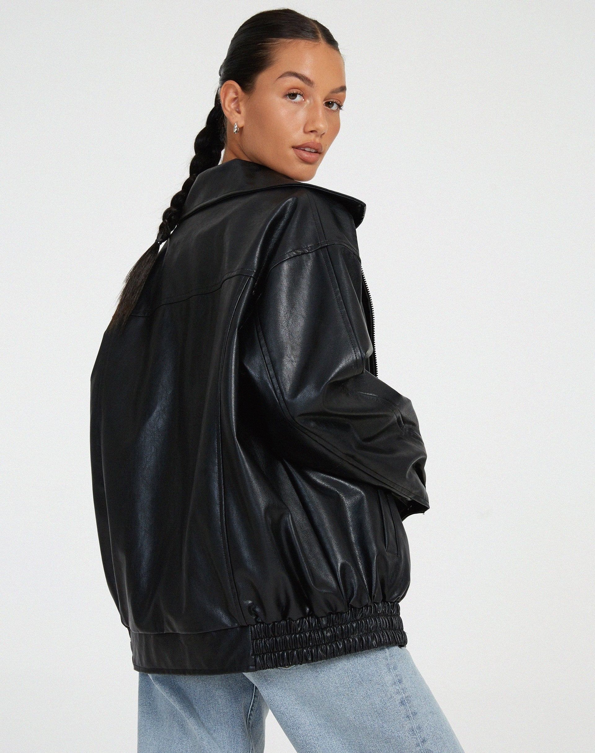 Chaqueta de Polipiel Oversize Mujer Cremallera Cuello Solapa