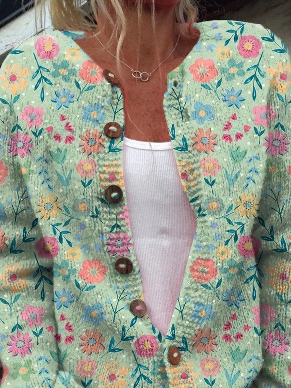Chaqueta de Punto Estampada Mujer Botones Floral