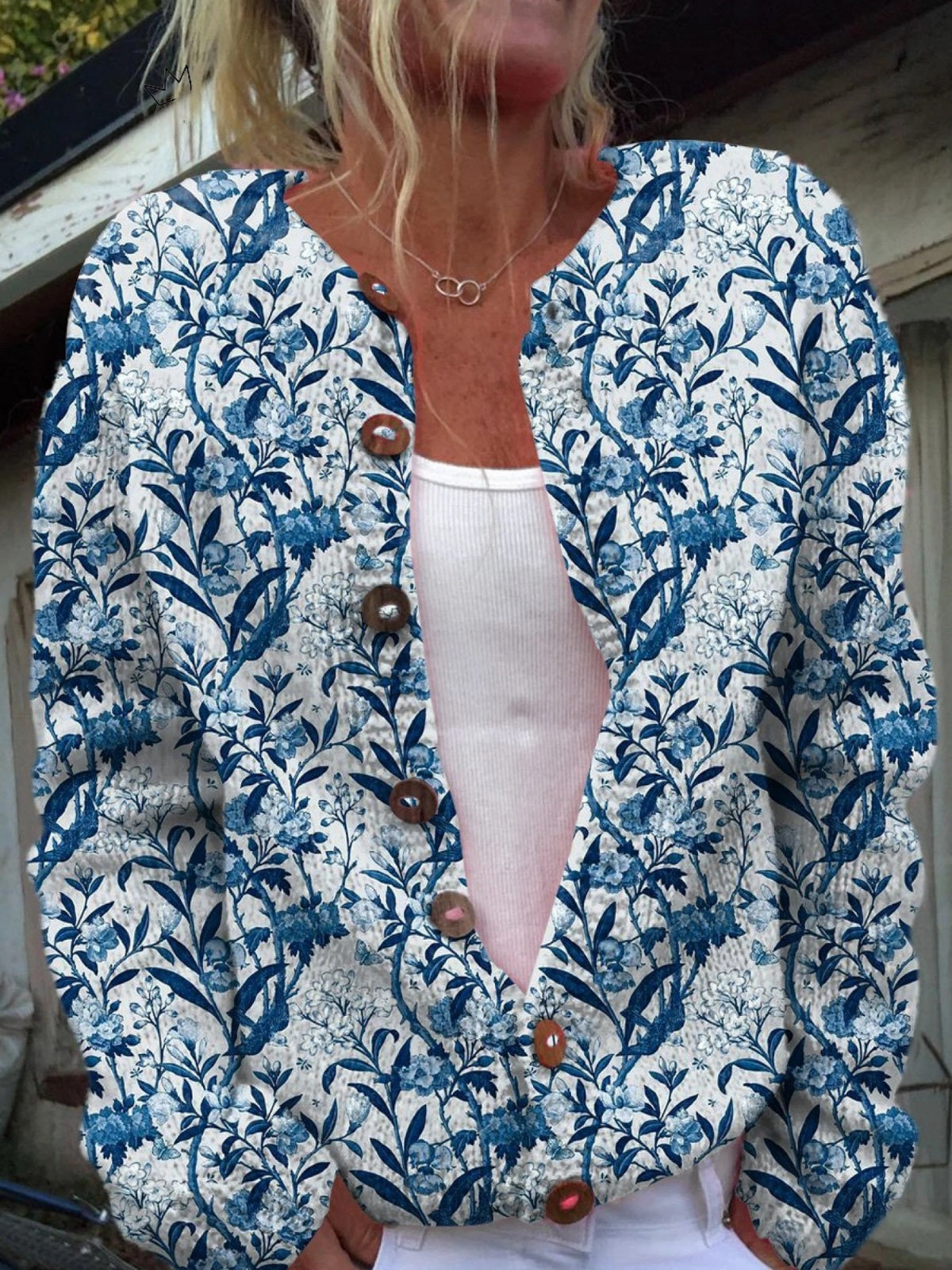 Chaqueta de Punto Estampada Mujer Botones Floral