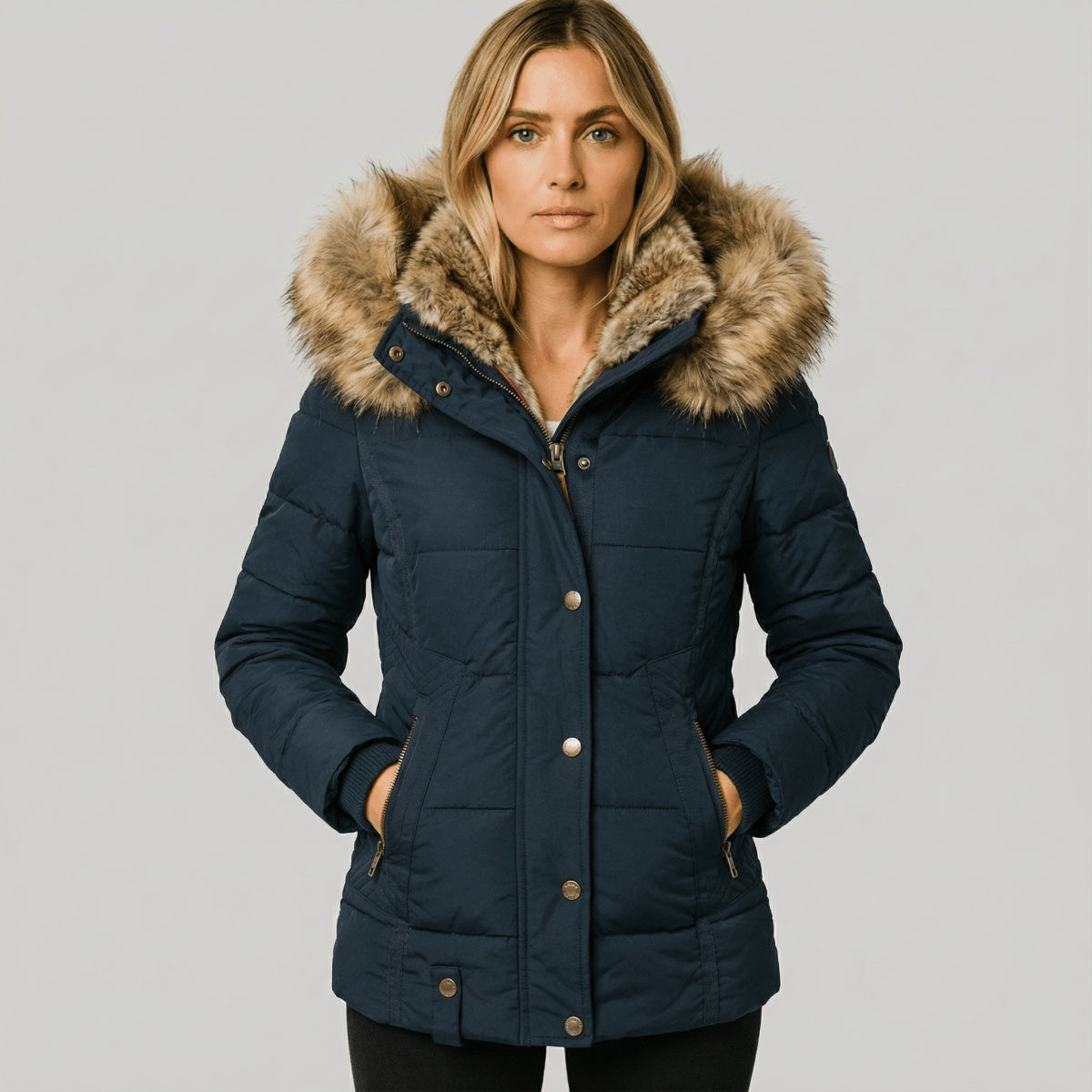 Chaquetón Acolchado con Capucha de Pelo Mujer Slim Fit