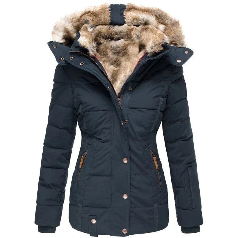 Chaquetón Acolchado con Capucha de Pelo Mujer Slim Fit