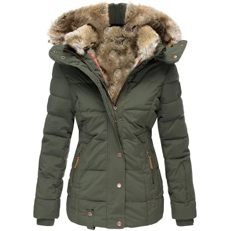 Chaquetón Acolchado con Capucha de Pelo Mujer Slim Fit