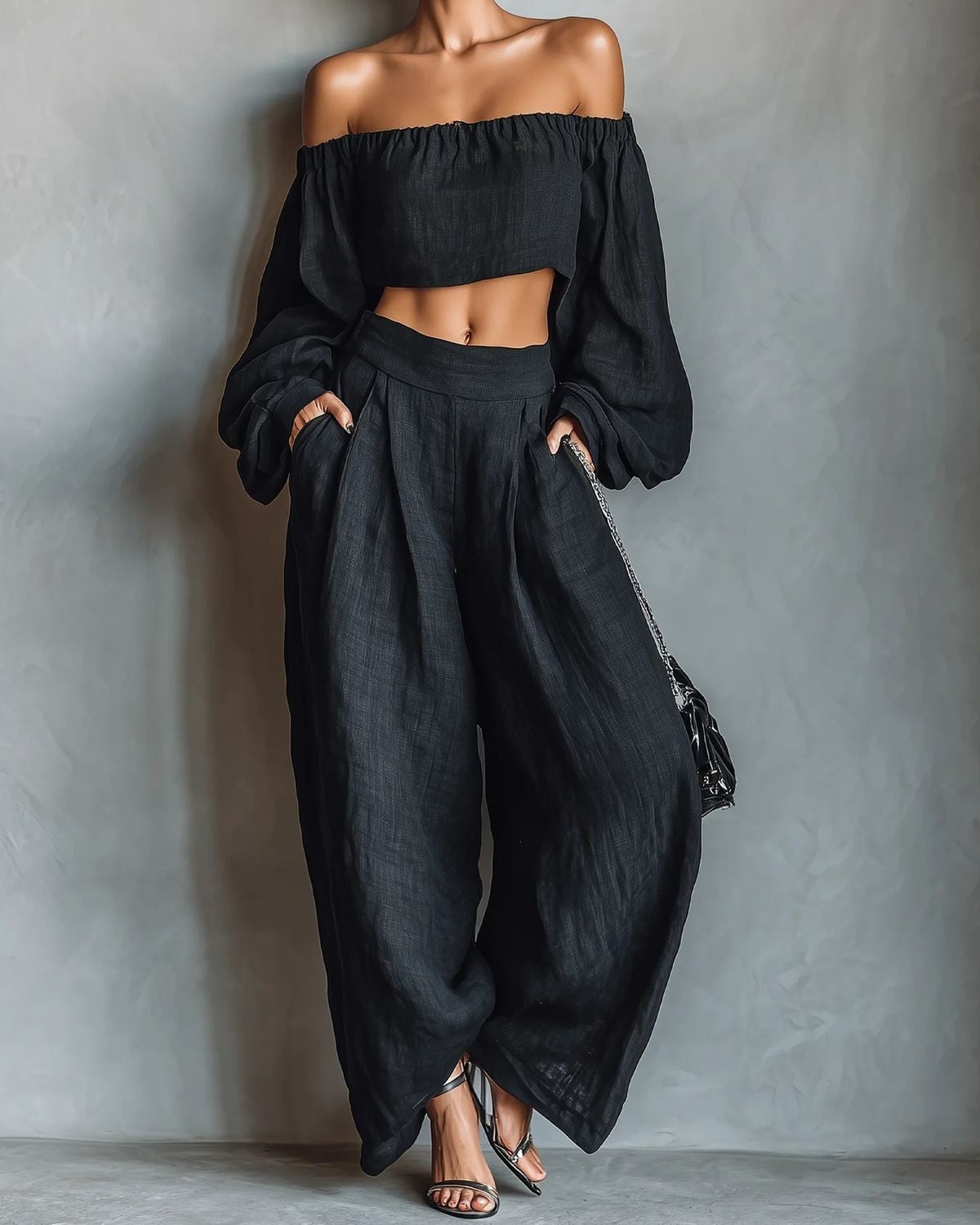 Claudia | Conjunto de Top Hombros Descubiertos y Pantalón Palazzo Mujer