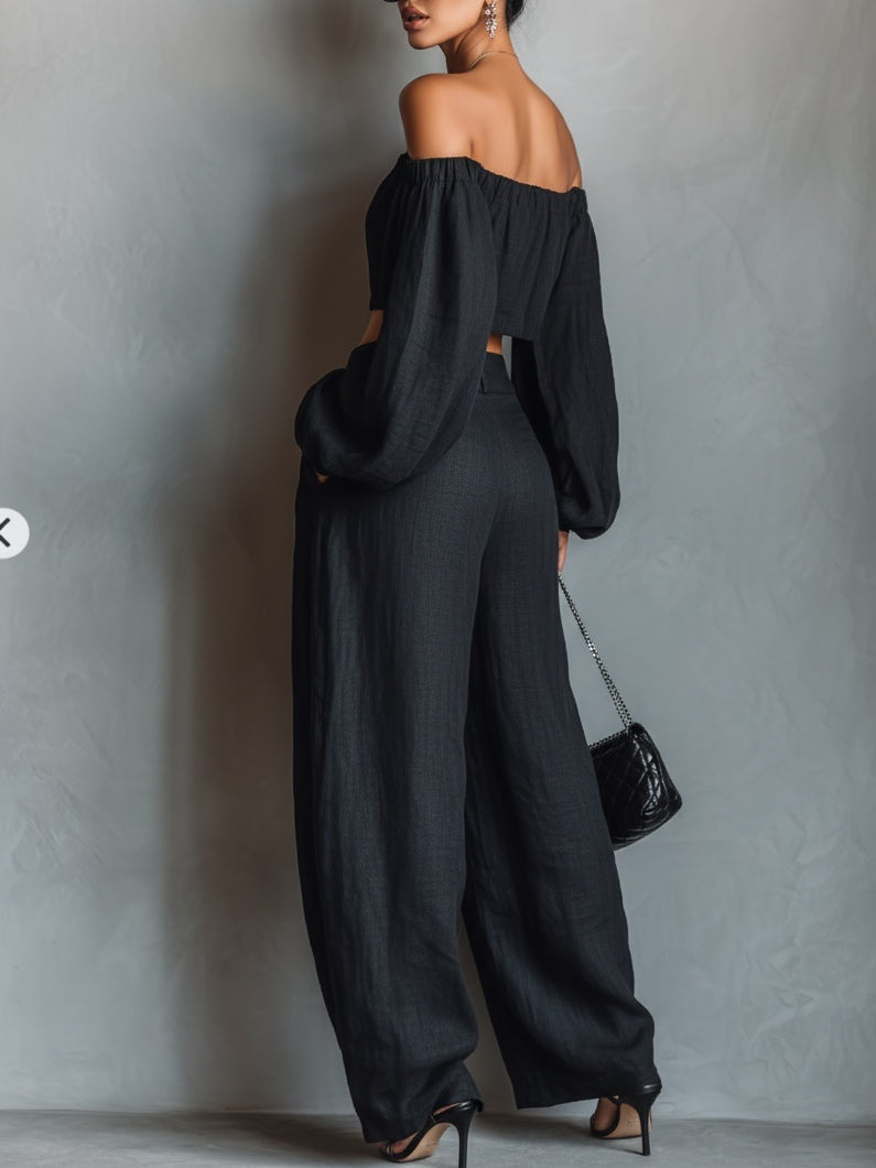 Claudia | Conjunto de Top Hombros Descubiertos y Pantalón Palazzo Mujer