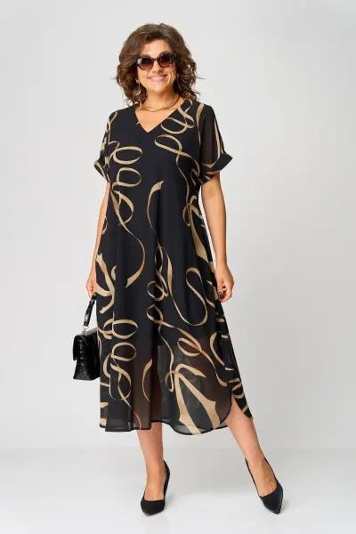 Concha | Vestido Midi Elegante Estampado Mujer Escote V Manga Corta