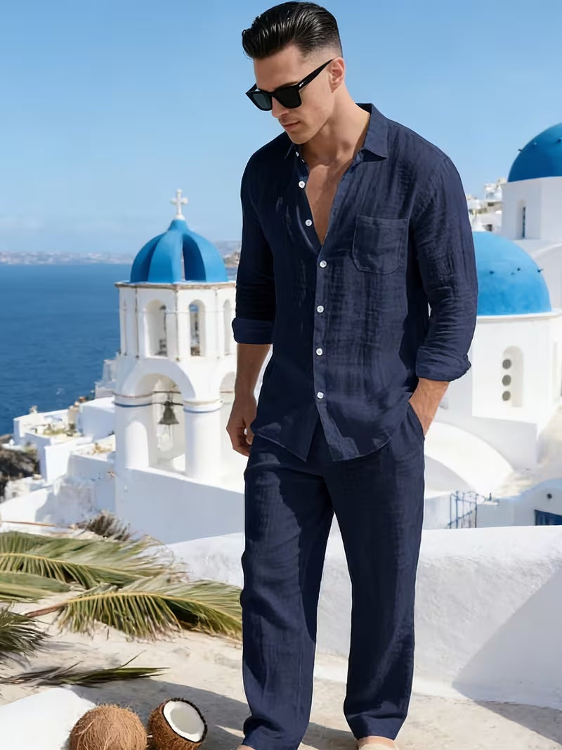 Conjunto de Lino de Manga Larga Hombre Cordón Ajustable