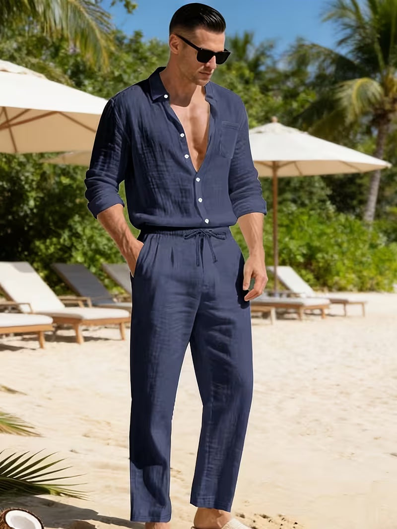 Conjunto de Lino de Manga Larga Hombre Cordón Ajustable