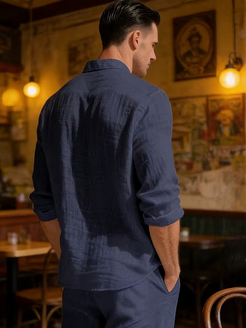 Conjunto de Lino de Manga Larga Hombre Cordón Ajustable