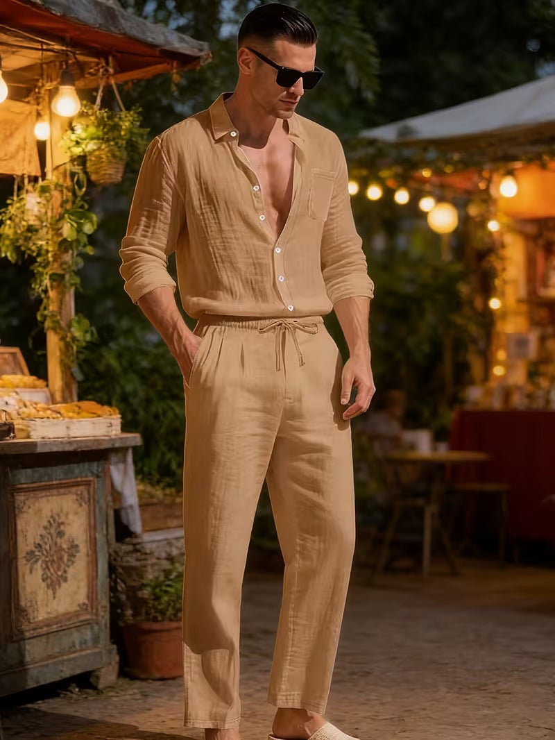 Conjunto de Lino de Manga Larga Hombre Cordón Ajustable