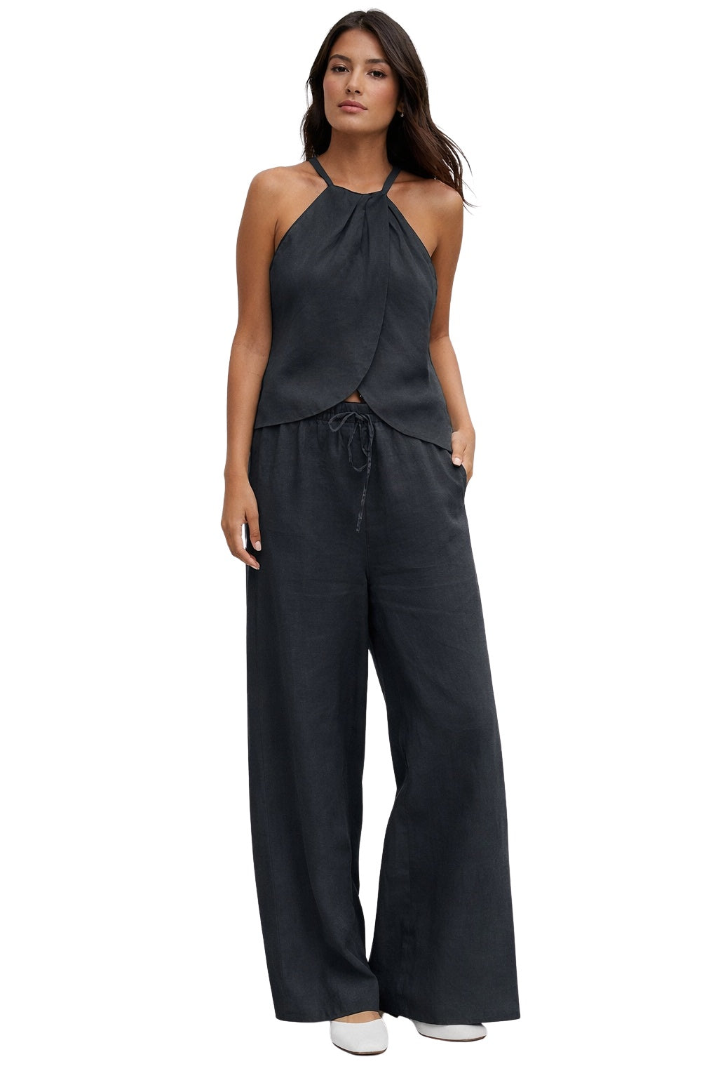 Conjunto Top Halter y Pantalón Palazzo Mujer Cintura Ajustable