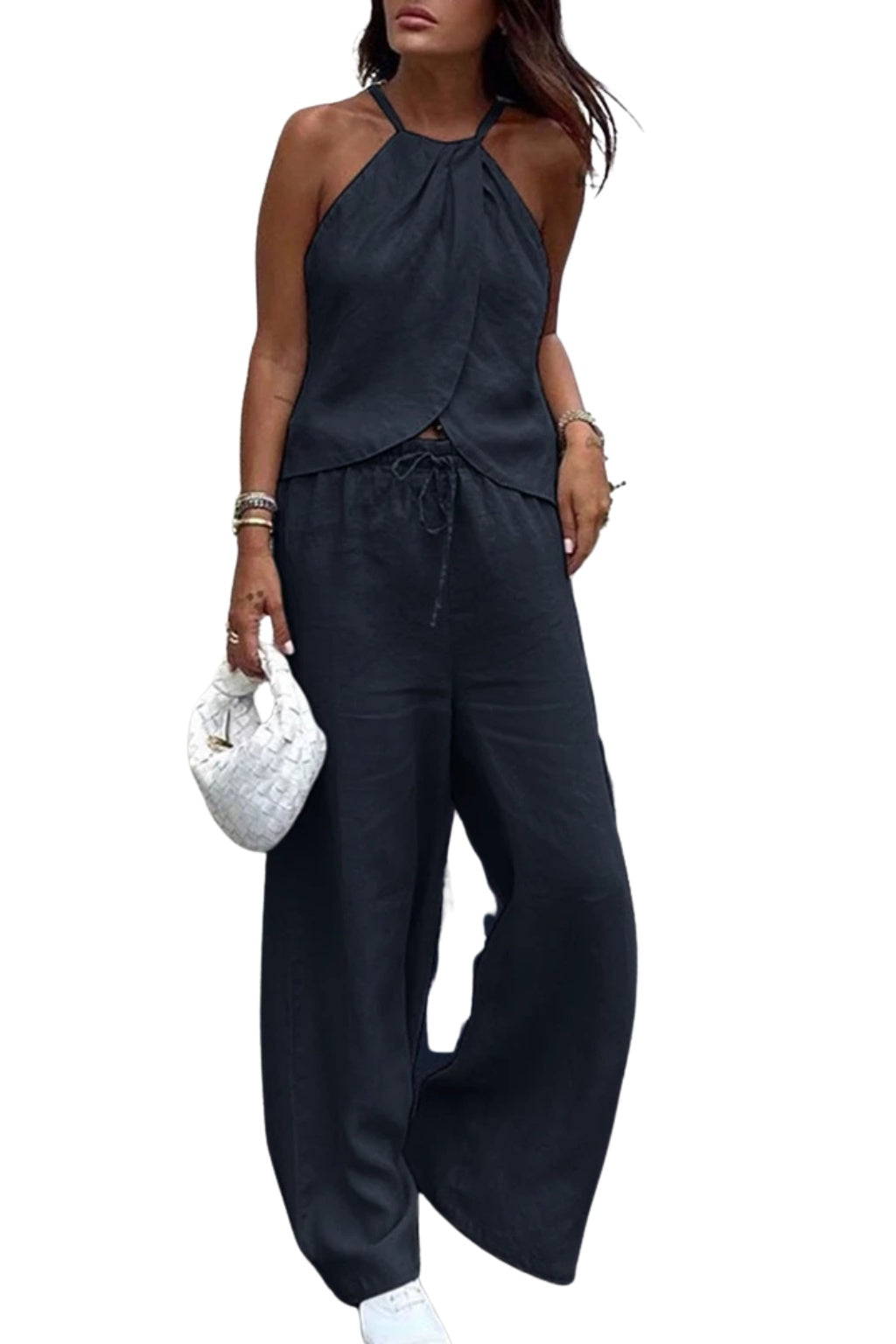 Conjunto Top Halter y Pantalón Palazzo Mujer Cintura Ajustable