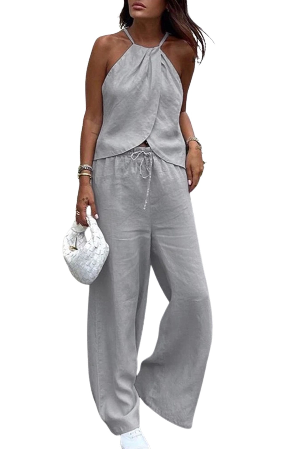 Conjunto Top Halter y Pantalón Palazzo Mujer Cintura Ajustable