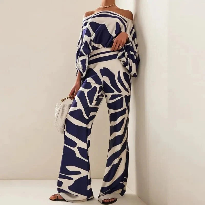 Conjunto Top Hombros Descubiertos y Pantalón Palazzo Mujer Estampado