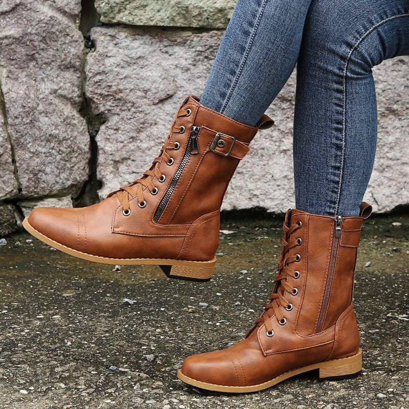 Consuelo | Botas Militares Planas Mujer con Cordones y Cremallera Lateral