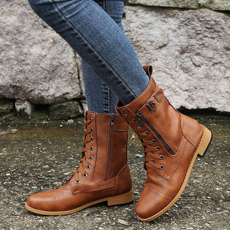Consuelo | Botas Militares Planas Mujer con Cordones y Cremallera Lateral
