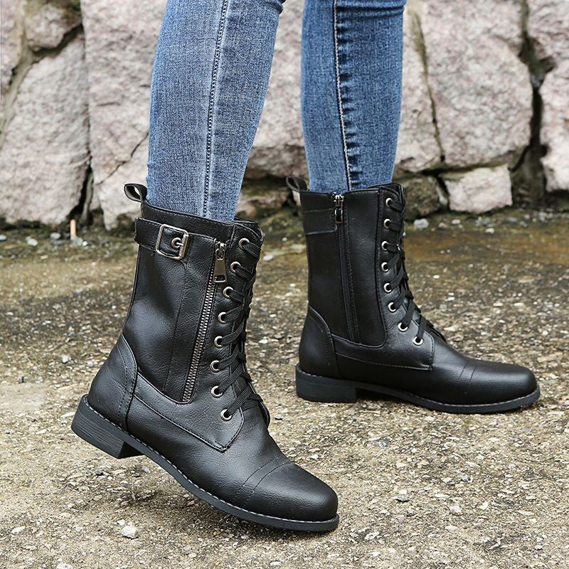 Consuelo | Botas Militares Planas Mujer con Cordones y Cremallera Lateral