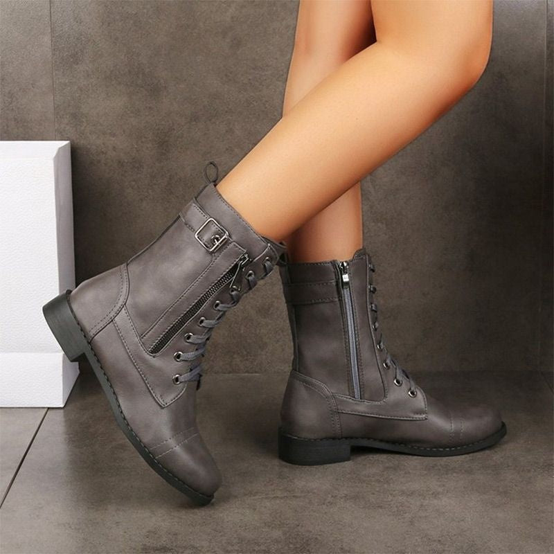Consuelo | Botas Militares Planas Mujer con Cordones y Cremallera Lateral