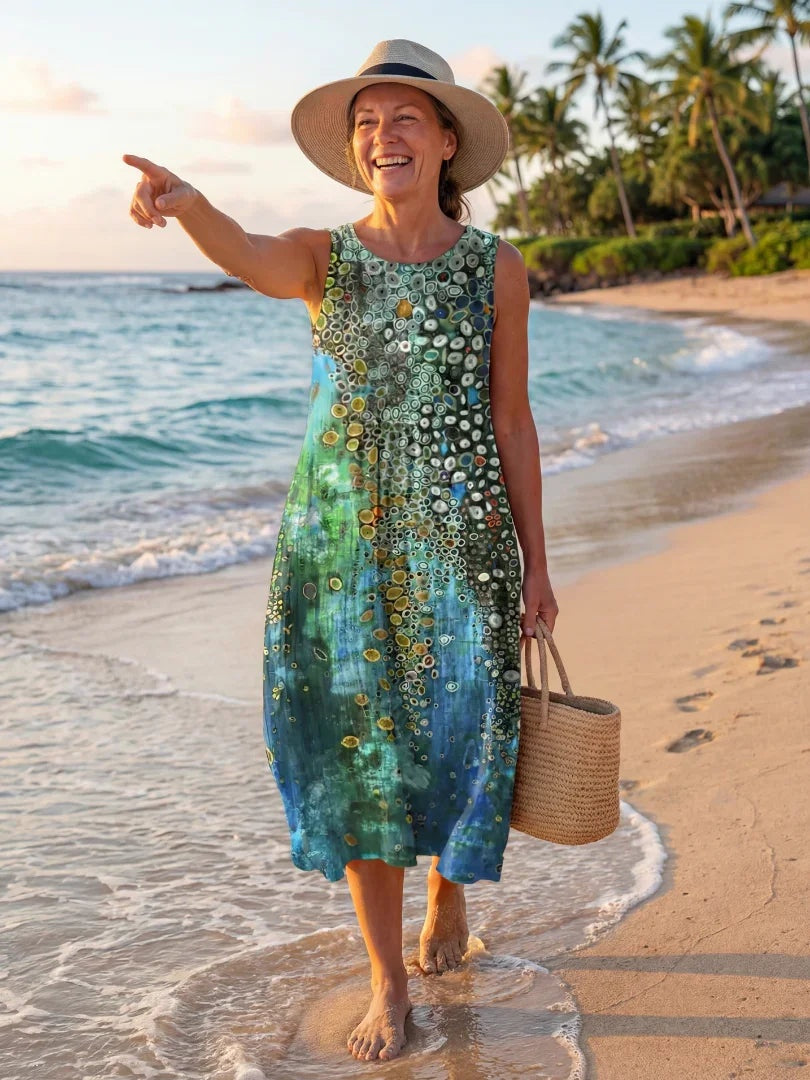 Coral | Vestido Midi Estampado Geométrico Mujer Sin Mangas