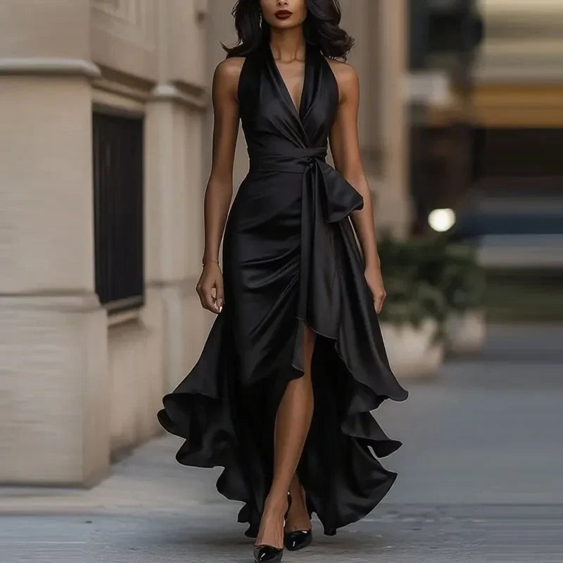 Covadonga | Vestido de Fiesta Largo Halter Mujer Lazo Cintura Abertura