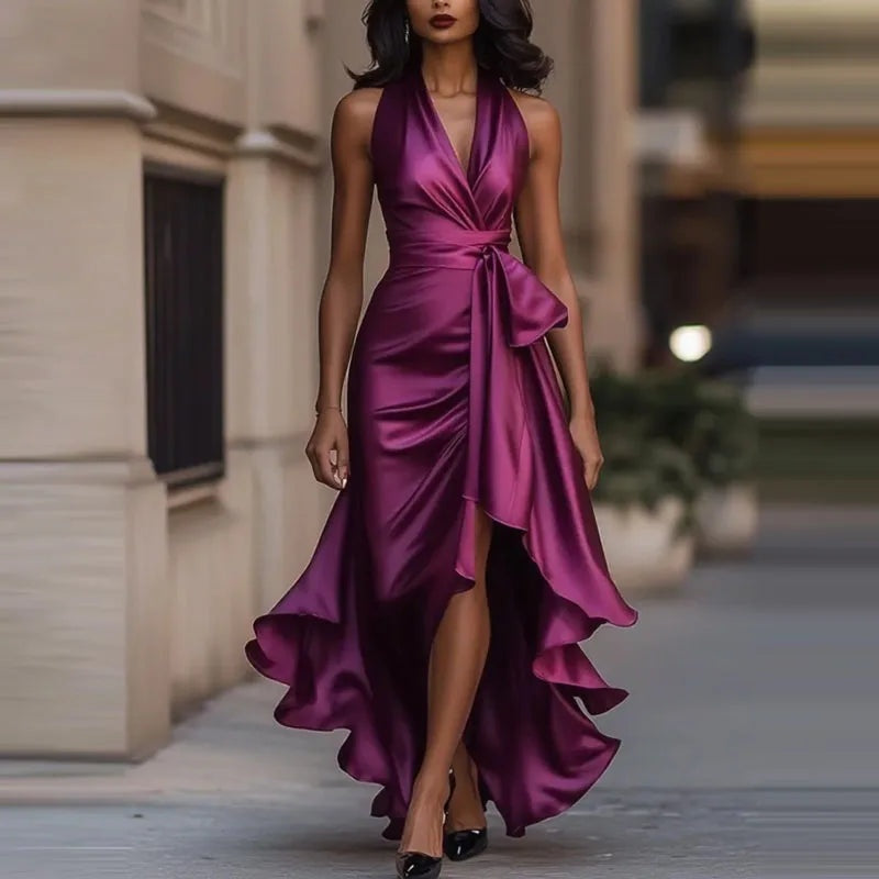 Covadonga | Vestido de Fiesta Largo Halter Mujer Lazo Cintura Abertura