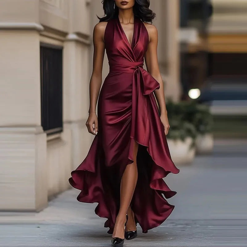 Covadonga | Vestido de Fiesta Largo Halter Mujer Lazo Cintura Abertura