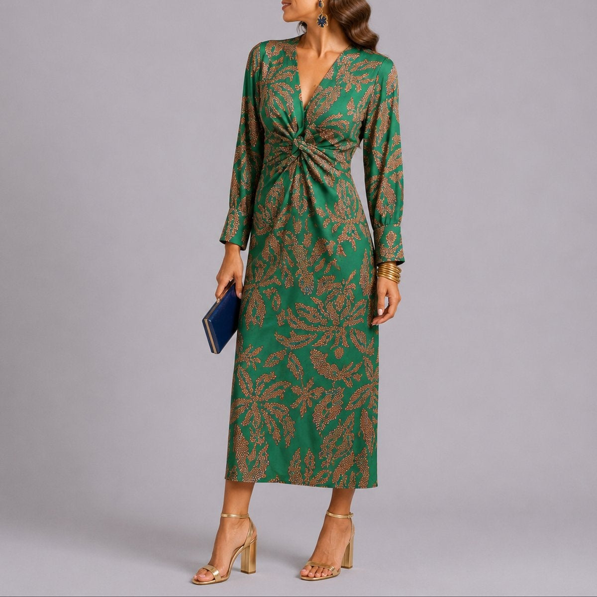 Covadonga | Vestido Midi Invitada Invierno Mujer Manga Larga Estampado
