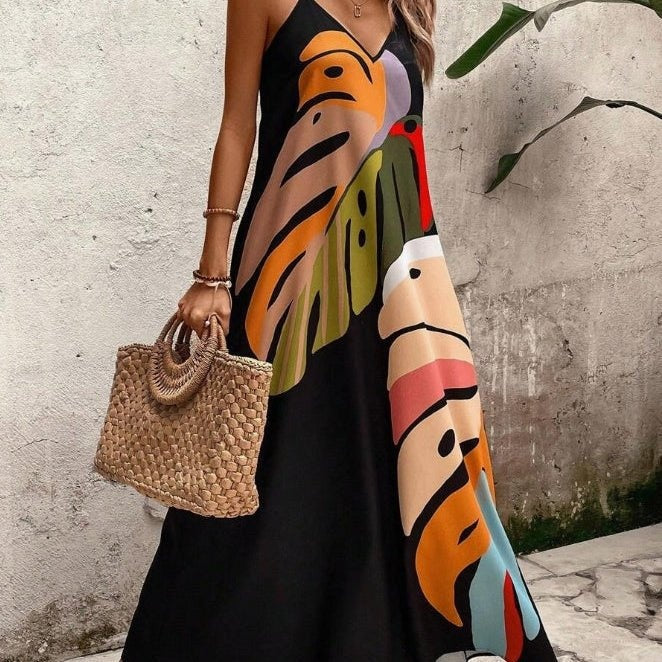 Cristina | Vestido Largo Estampado Abstracto Mujer Escote V Sin Mangas