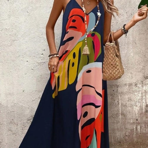 Cristina | Vestido Largo Estampado Abstracto Mujer Escote V Sin Mangas