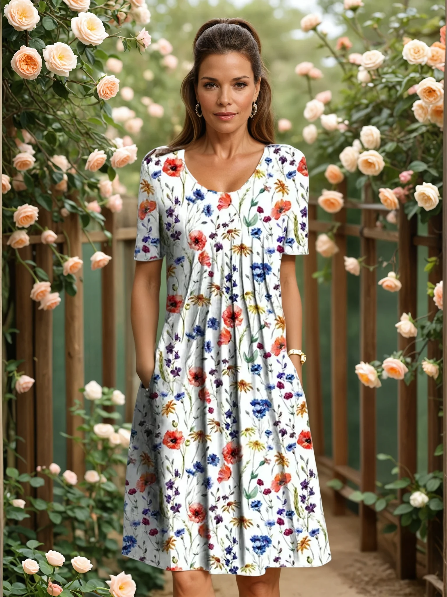 Daniela | Vestido Corto Floral Mujer Manga Corta Bolsillos