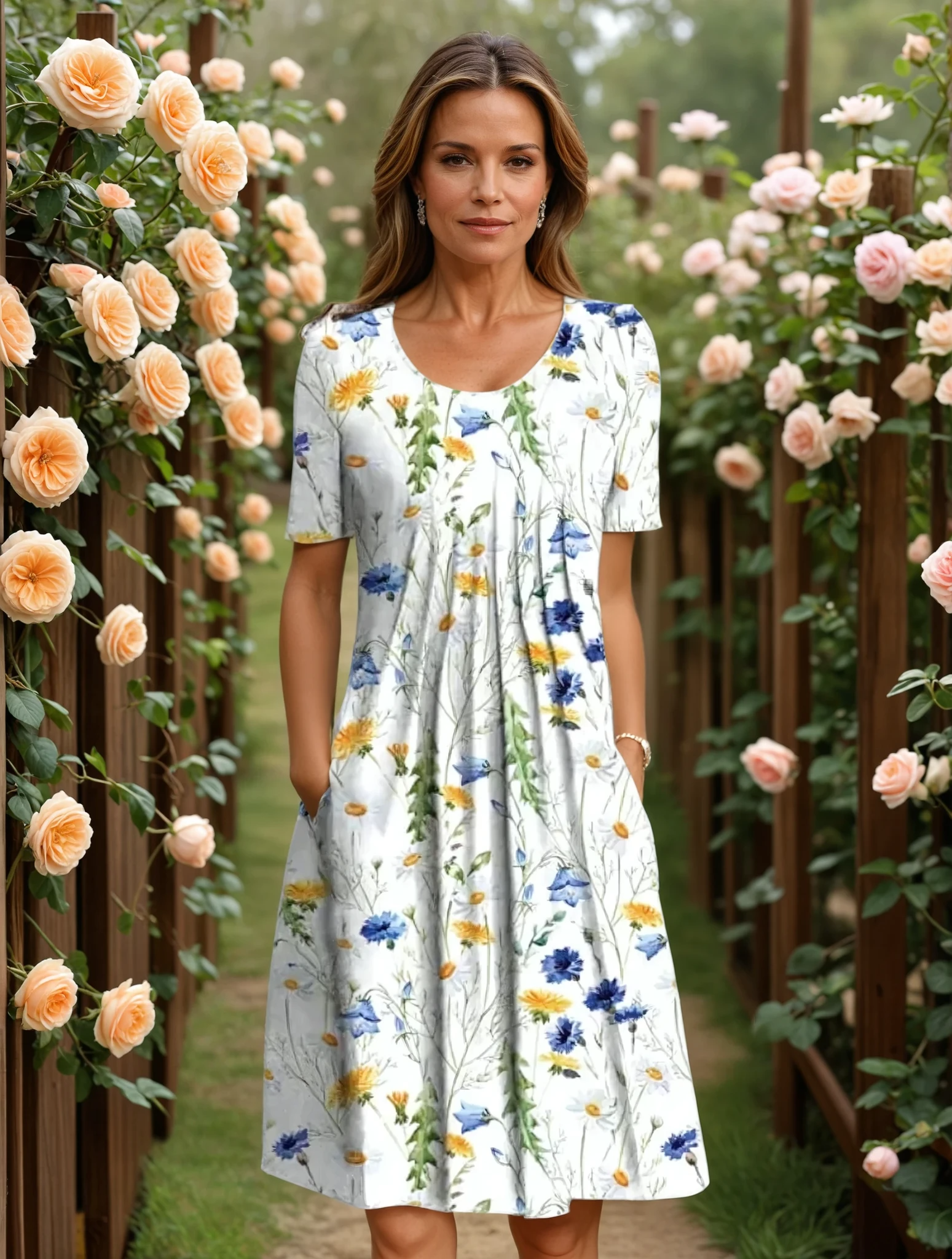 Daniela | Vestido Corto Floral Mujer Manga Corta Bolsillos