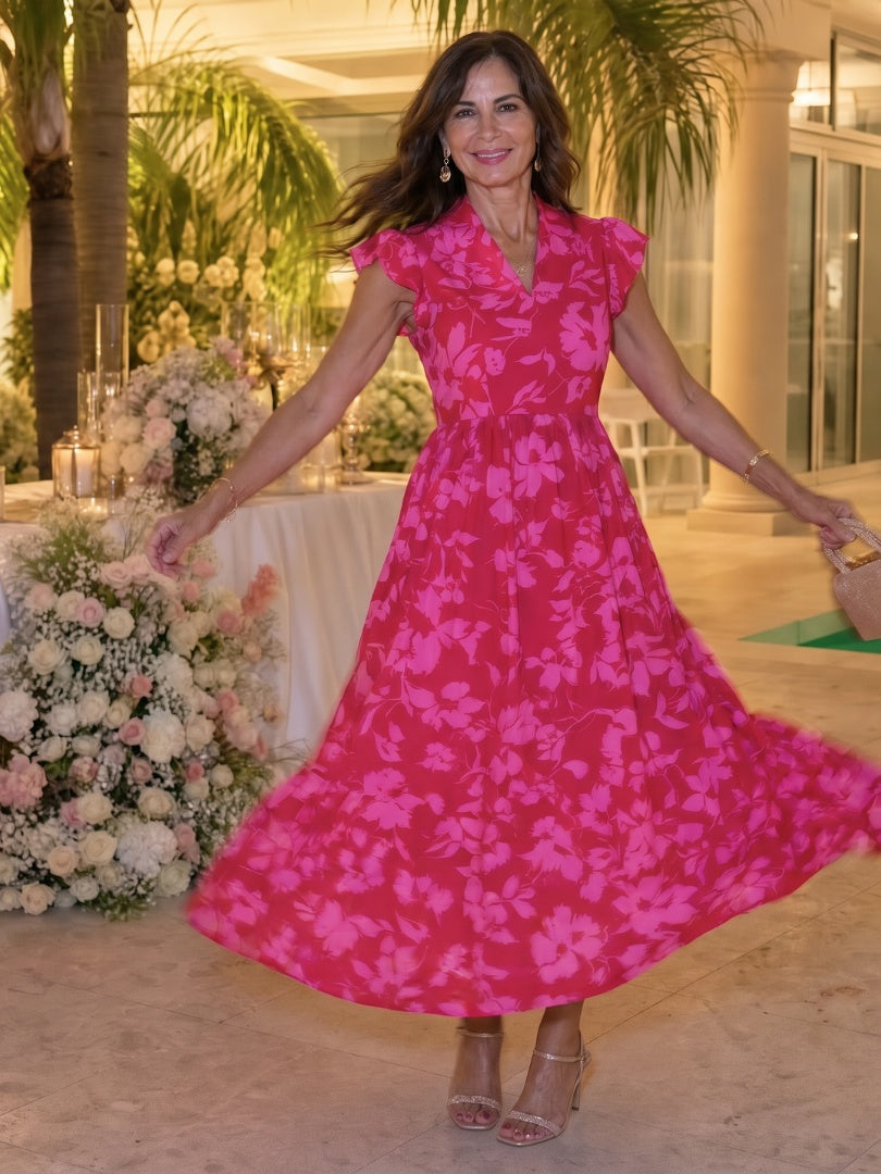 Daniela | Vestido Midi Floral con Volantes Mujer Escote V Cintura Definida
