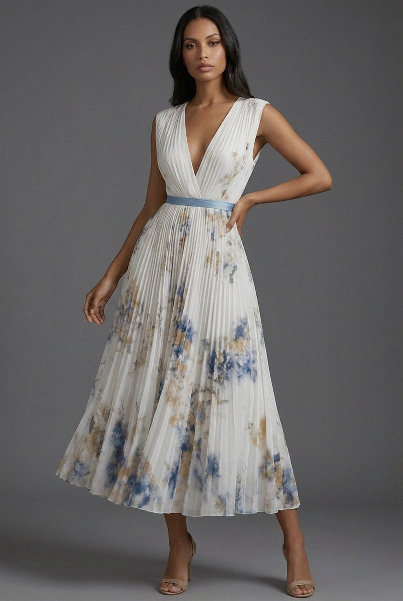 Daniela | Vestido Midi Plisado Estampado Floral Mujer Escote V Cinturón