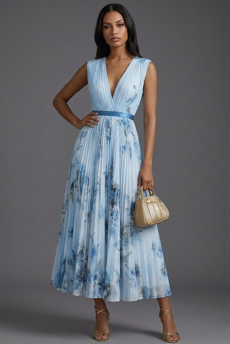 Daniela | Vestido Midi Plisado Estampado Floral Mujer Escote V Cinturón
