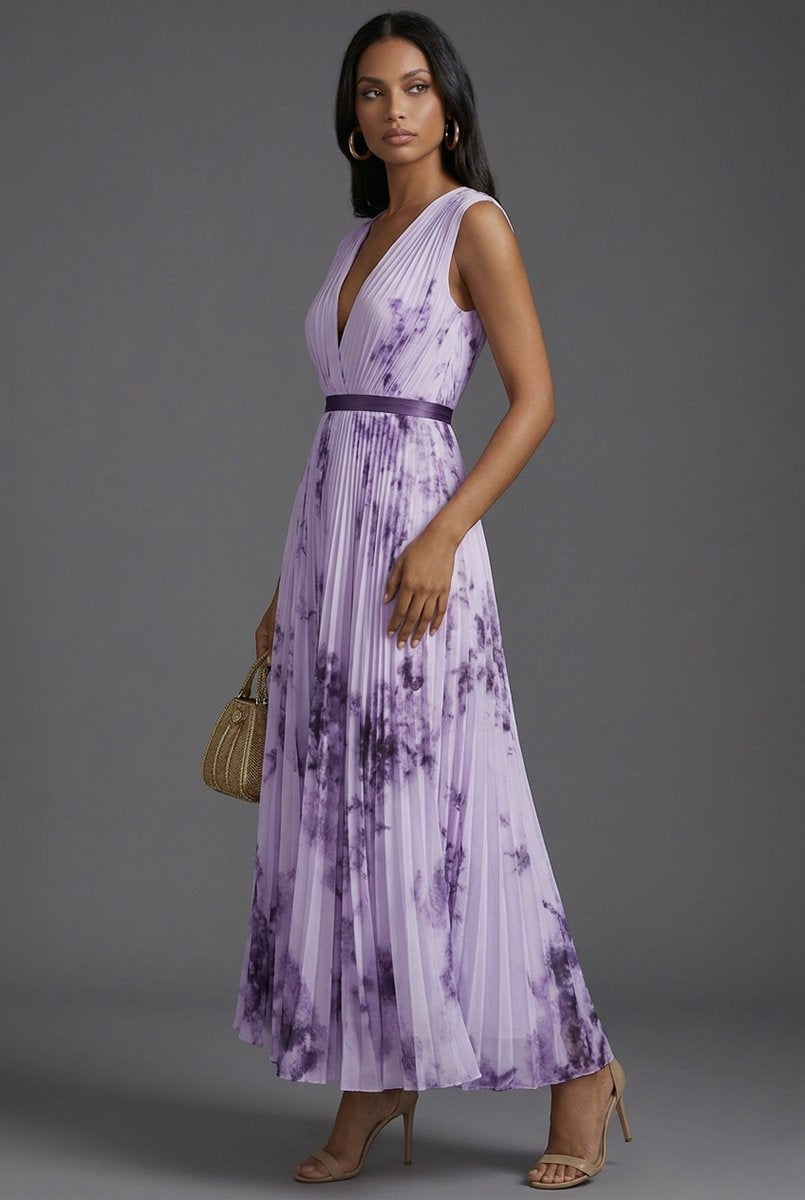 Daniela | Vestido Midi Plisado Estampado Floral Mujer Escote V Cinturón