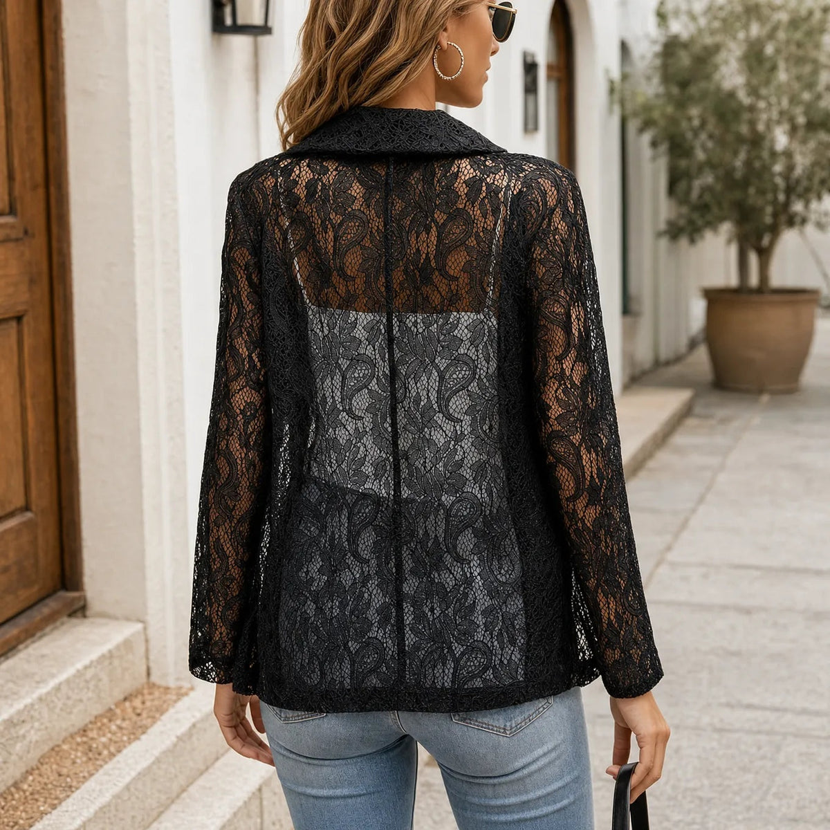 Delia | Blazer de Encaje Floral Mujer Manga Larga Solapa Abierta