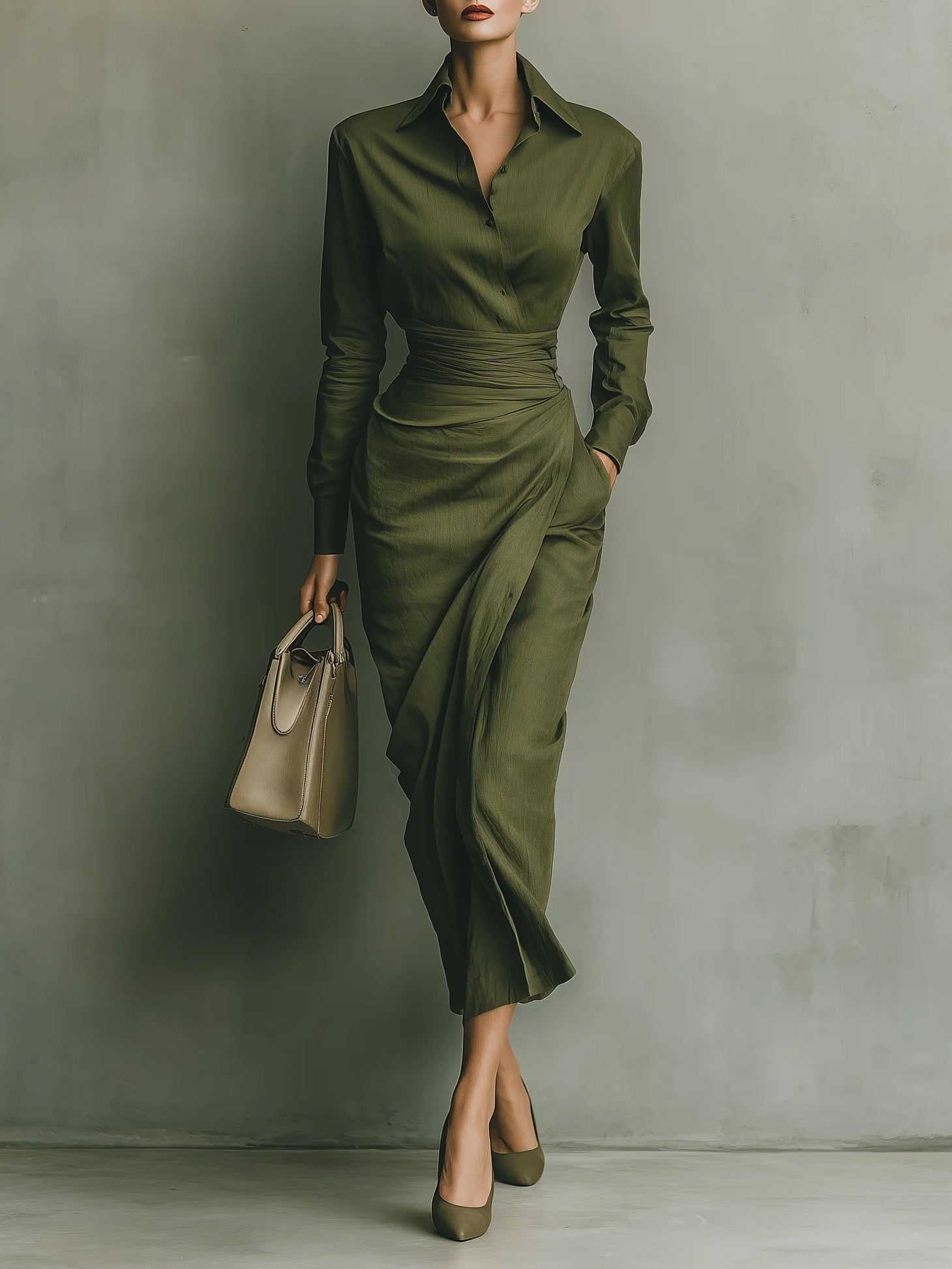 Delia | Vestido Camisero Drapeado Mujer Manga Larga Cintura